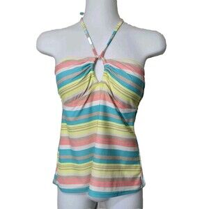 Malibu Dream Girl Tankini Top Womens Medium Striped Keyhole Halter Strappy Back